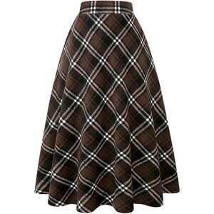 Womens Long Coffee 190Elastic Waist A-Line Pleated Tartan Long Plaid Wool Skirts